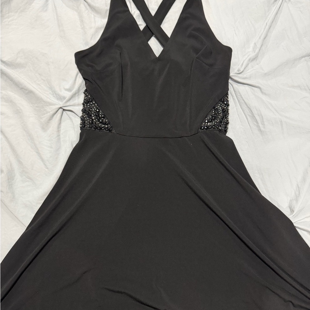 BCX Black Crisscross Evening Dress with Beaded Waist
